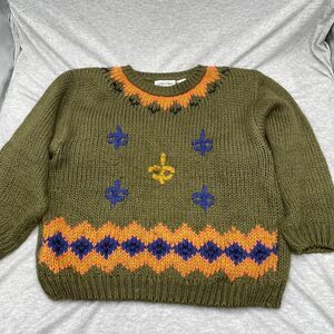 Vintage Christina Sweater Womens Medium Green Orange Nautical Hand Knitted